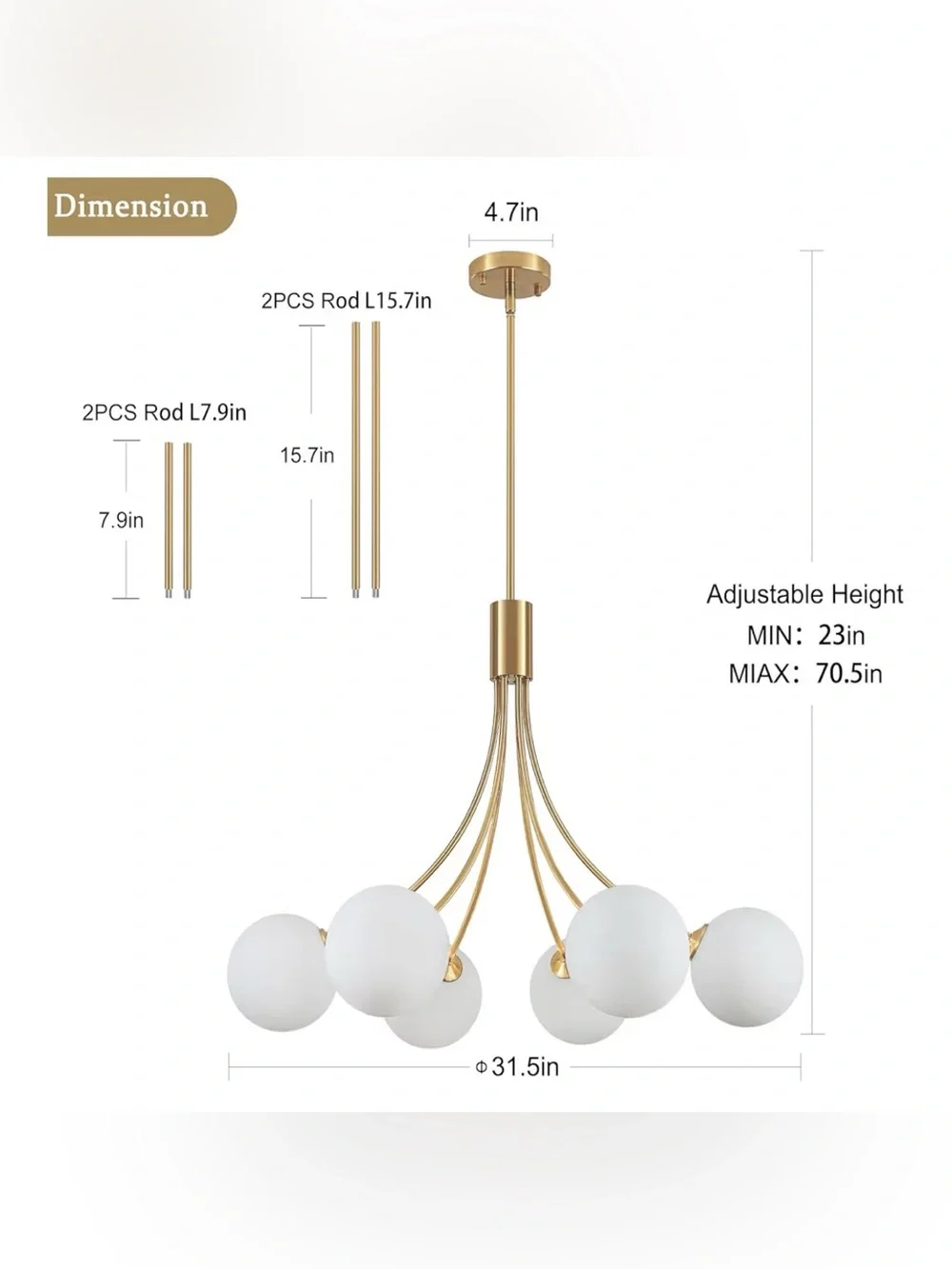 32” Gold Sputnik Chandelier 6-Light Milk Glass Mid-Century Ceiling Light